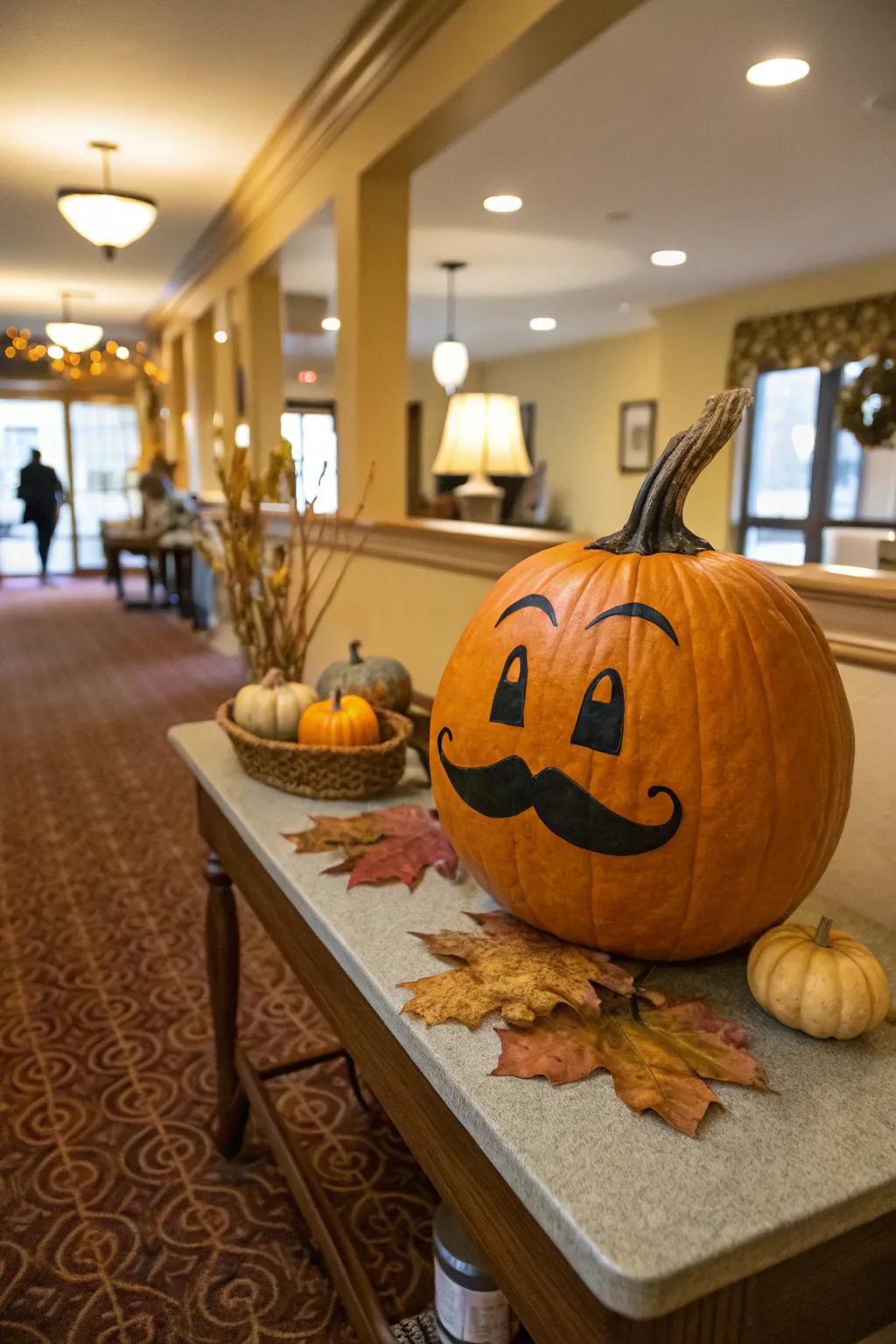 A funny facial hair gives this pumpkin a whimsical vibe.
