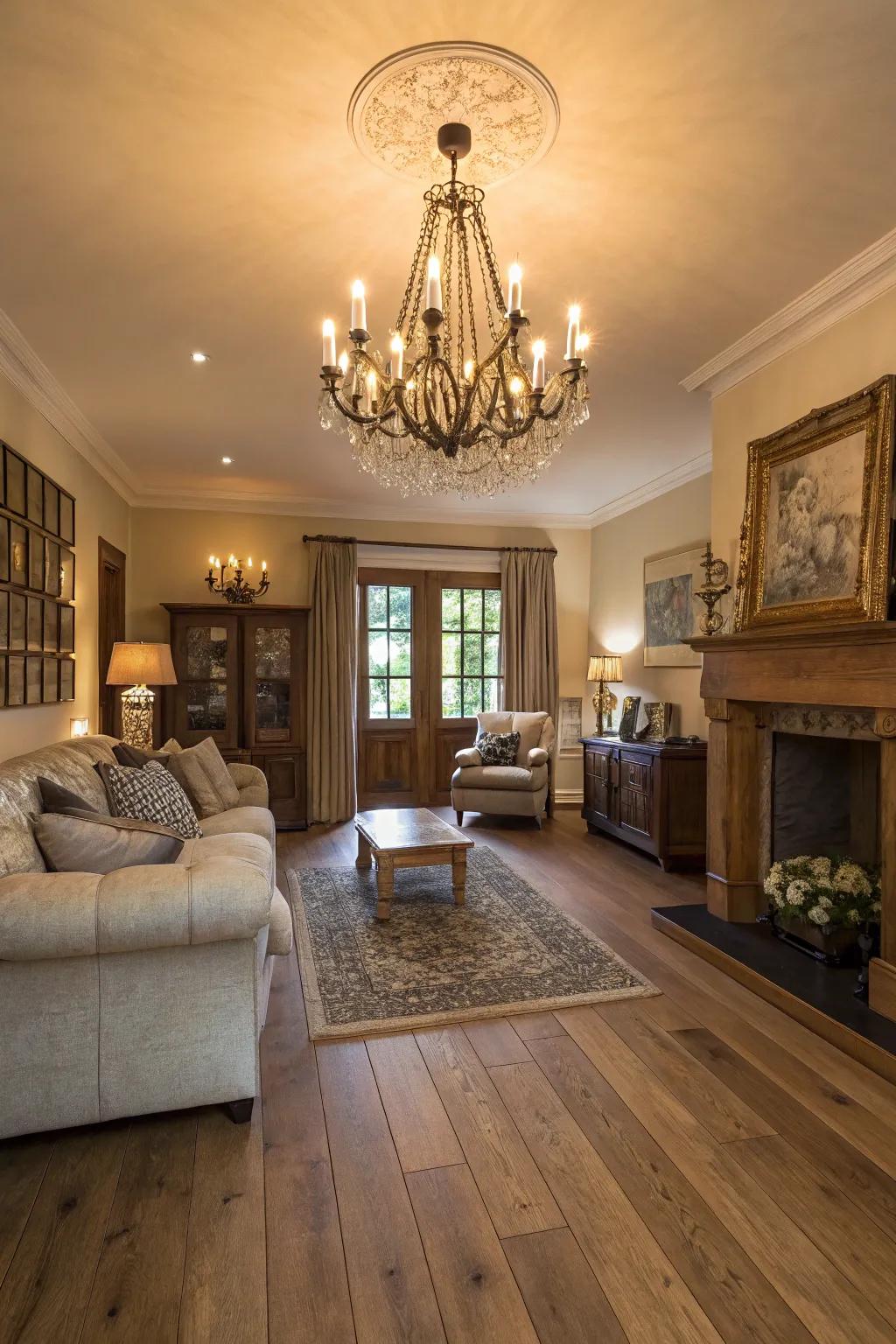 Eye-catching lighting adds drama and elegance to light oak floors.
