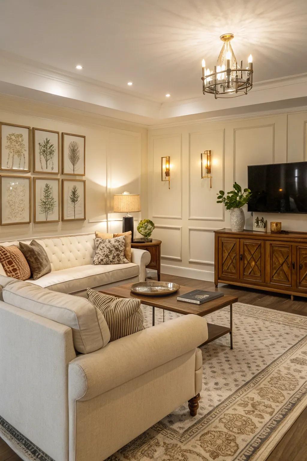 Varied surfaces introduce visual dimension to an off-white living room.
