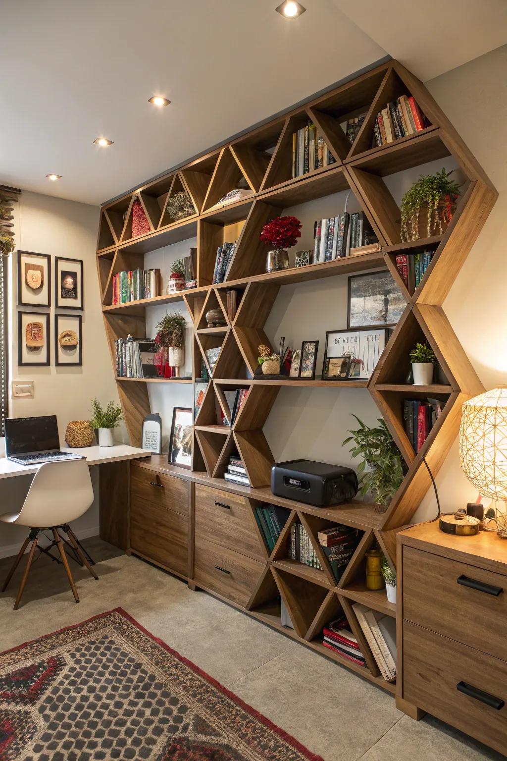 Angular shelves add a contemporary twist.