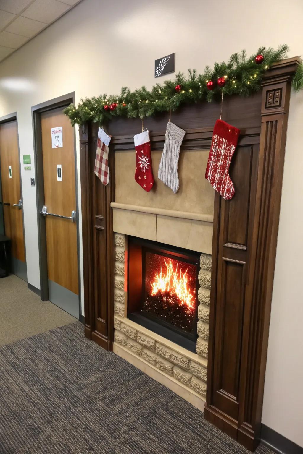A warm fireplace scene contributes coziness to your workplace.