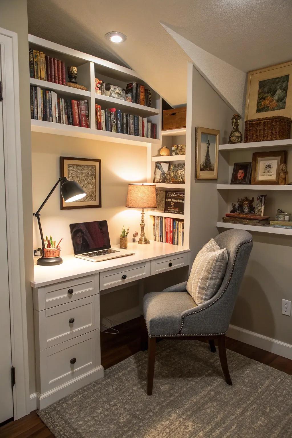 A nook can provide a quiet and focused workspace.