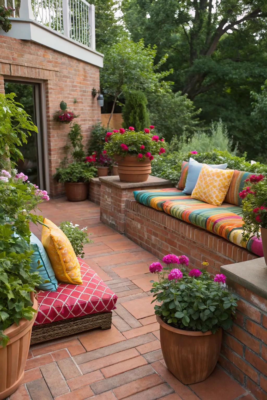 Daring hue infusions introduce vibrancy to the brick patio