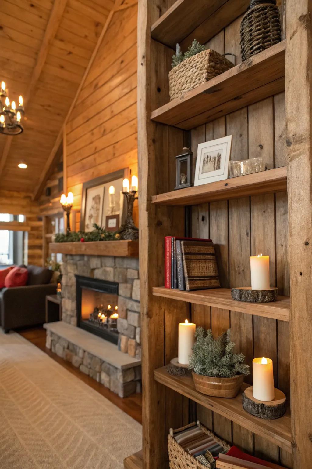 The rustic lodge interior is furnished with upcycled wood shelves that display decor and books.
