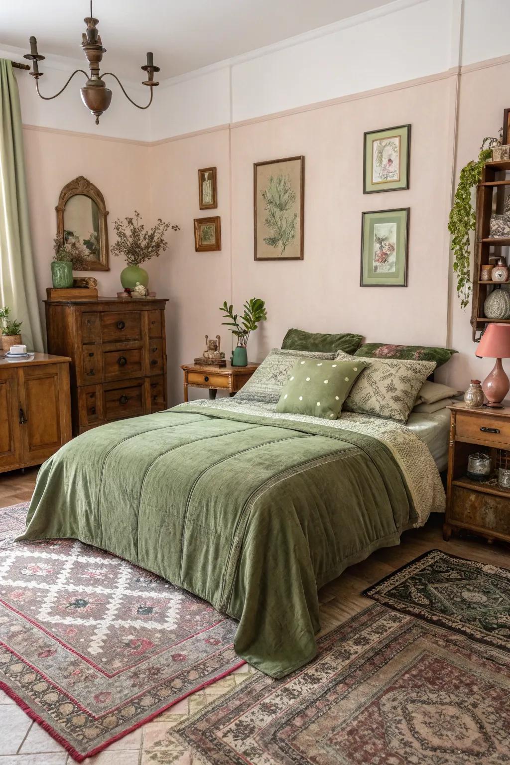 Vintage finds contribute character to a room featuring deep moss green bedding.