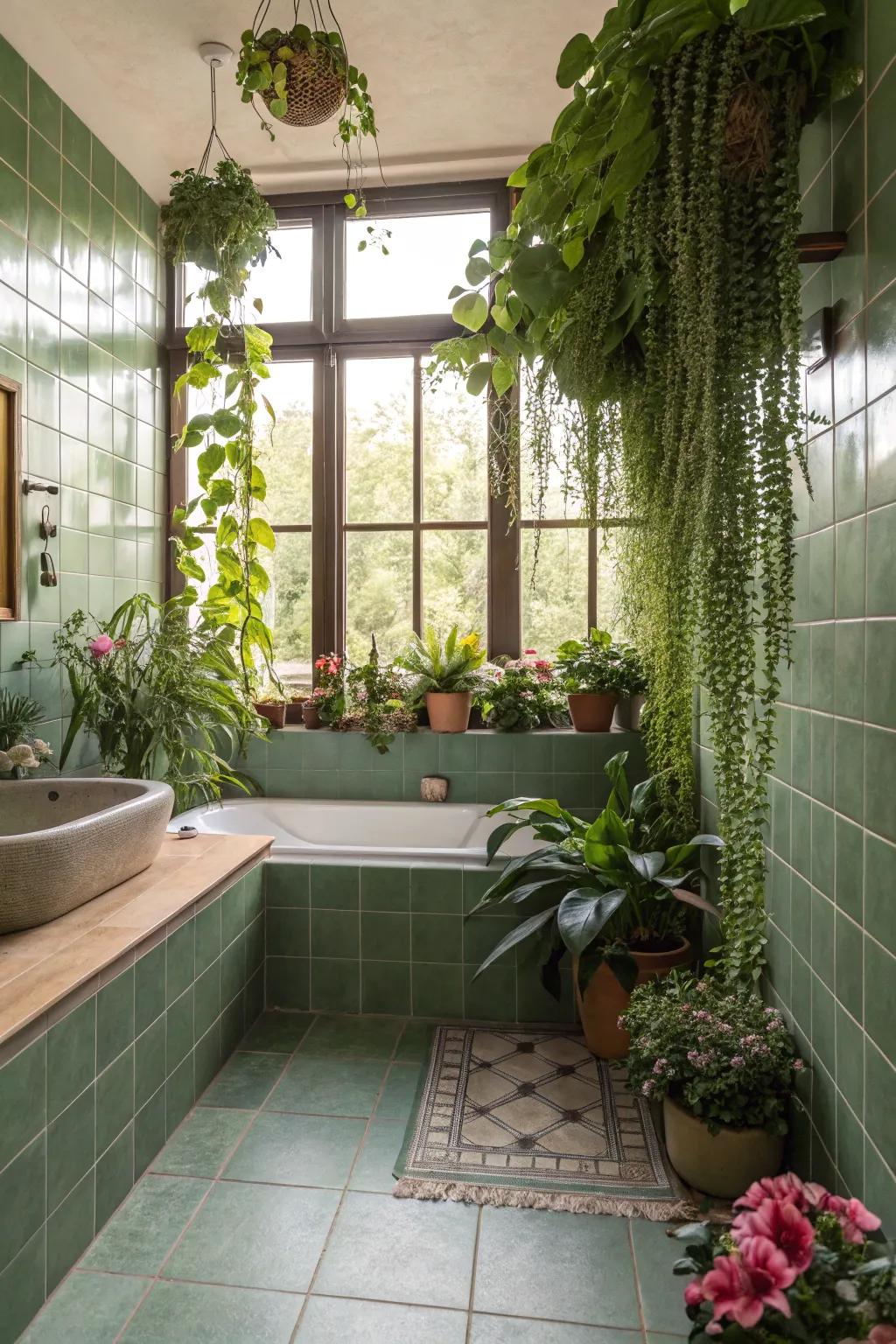 A spa-like bathroom with botanical-inspired forest green tiles.