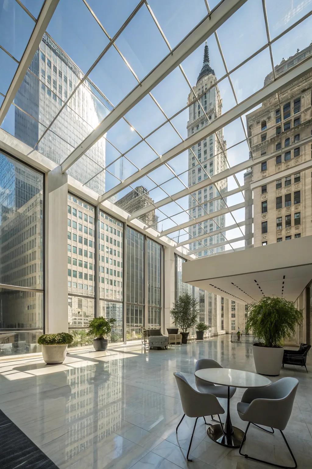 A modern office space showcasing glass panels in the ceiling for a contemporary accent.