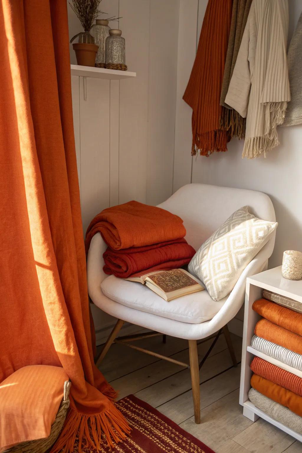 Layered tangerine textures create a cozy and inviting reading nook.