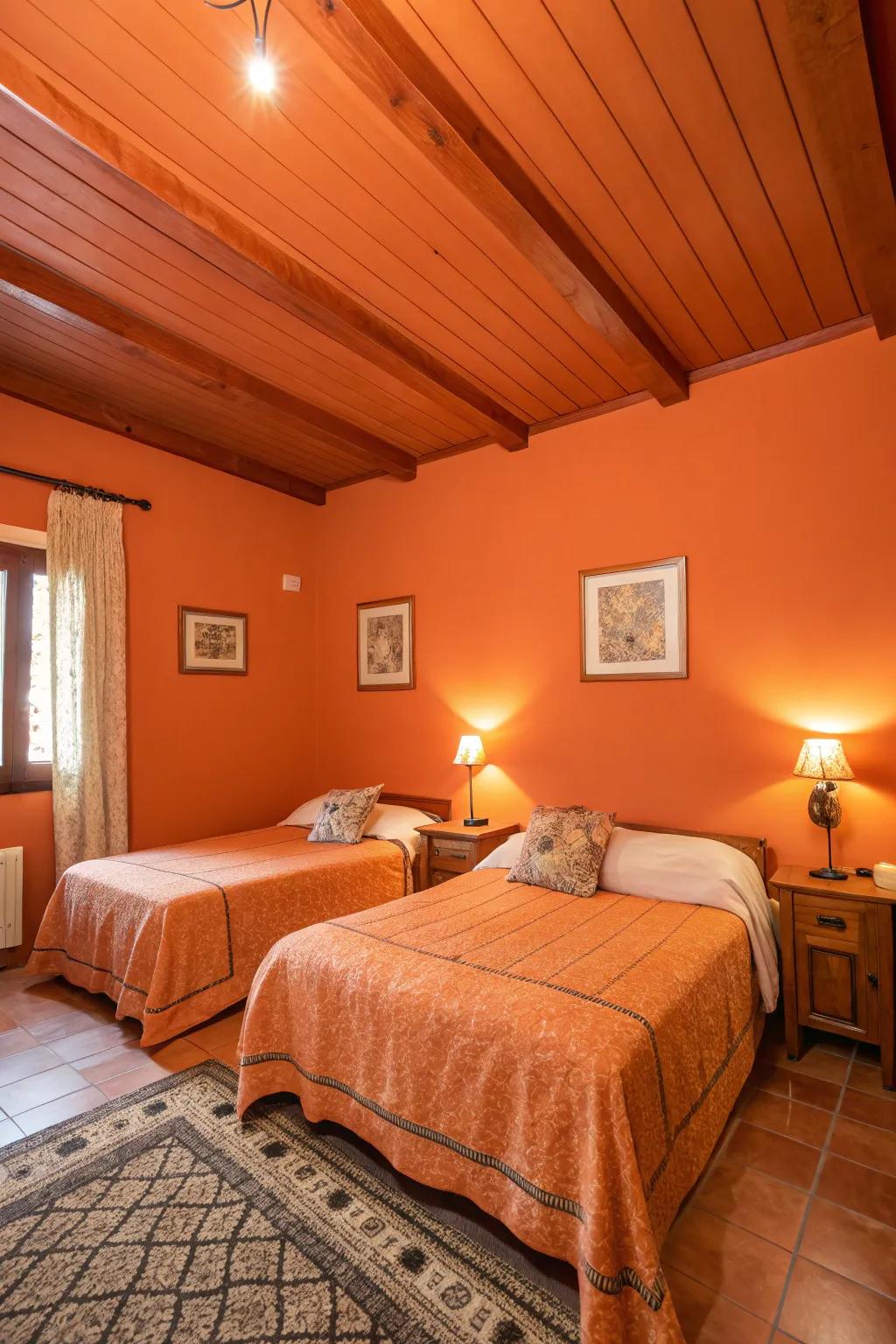 An orange ceiling builds a dramatic and cozy environment.