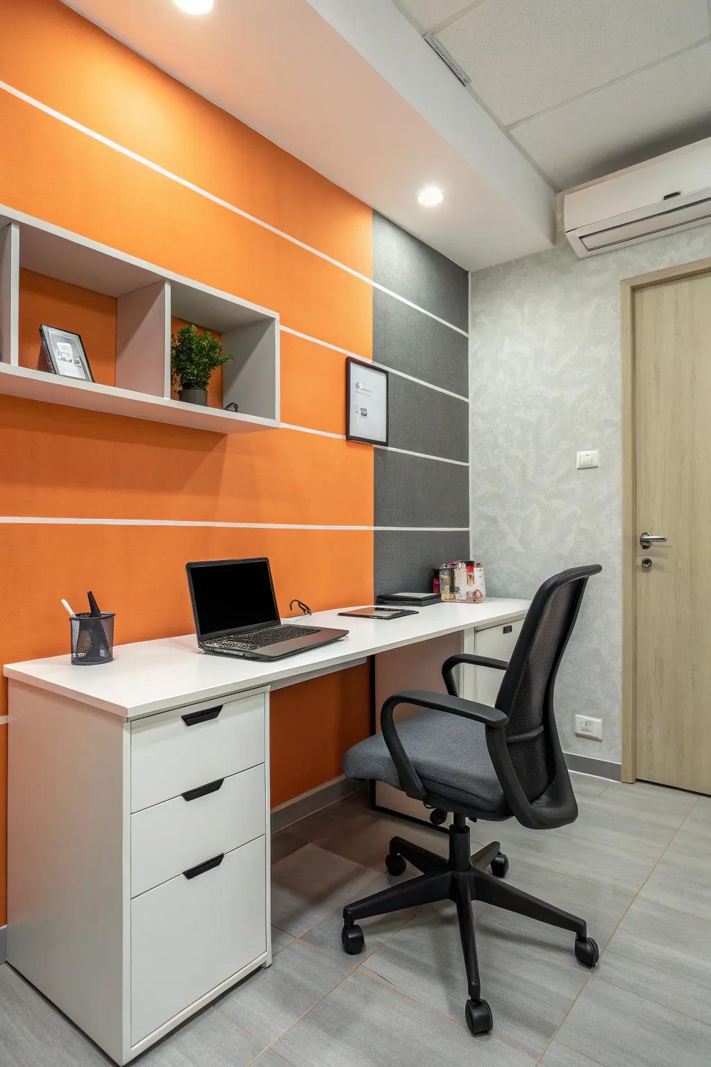 An office space balanced with the sophisticated combination of orange and grey.