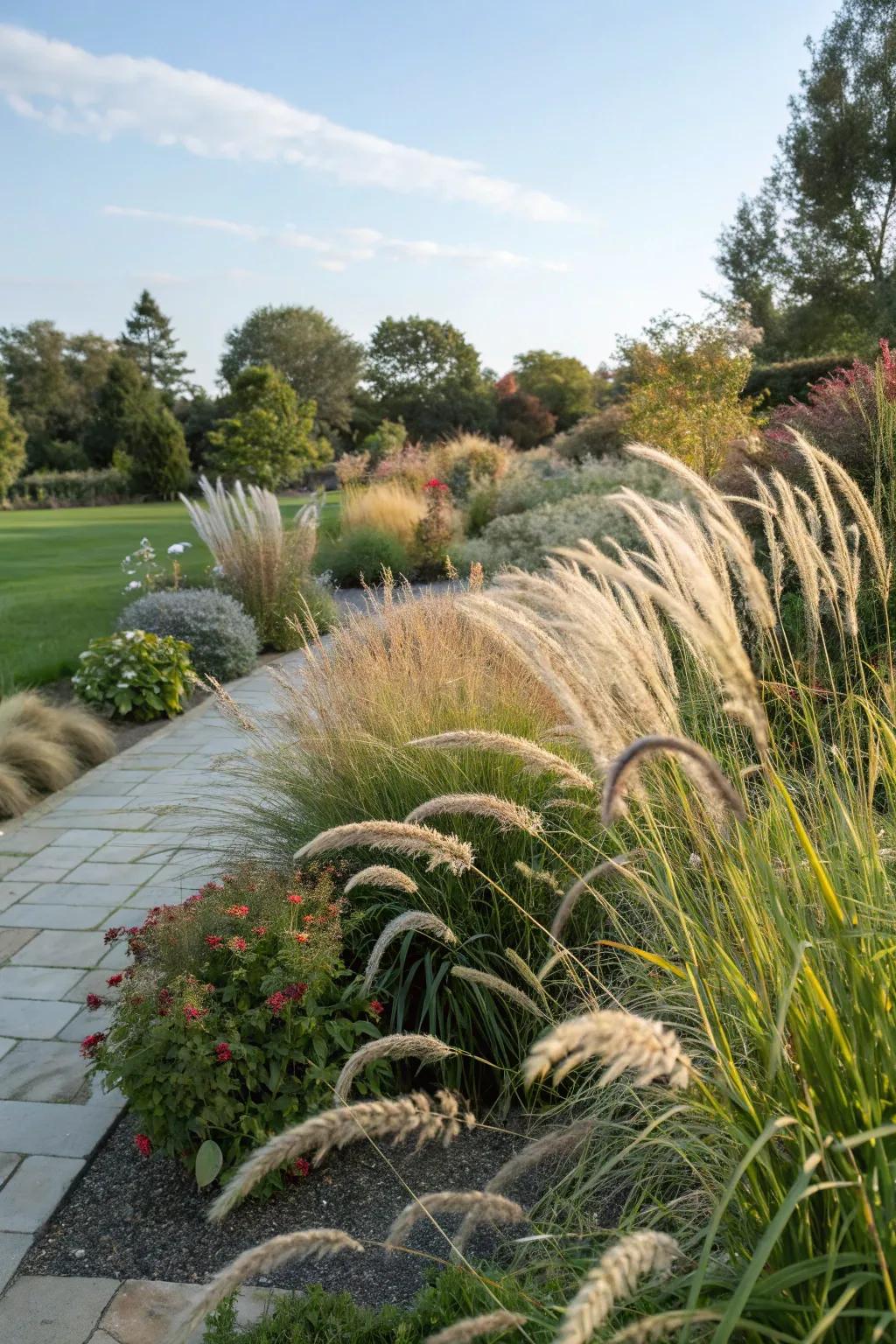 Grasses enhance ecological harmony within the garden.