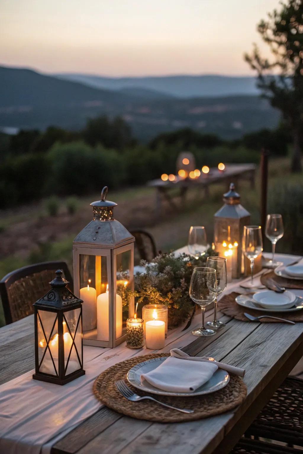 A romantic outdoor dining setting aglow with candlelight.