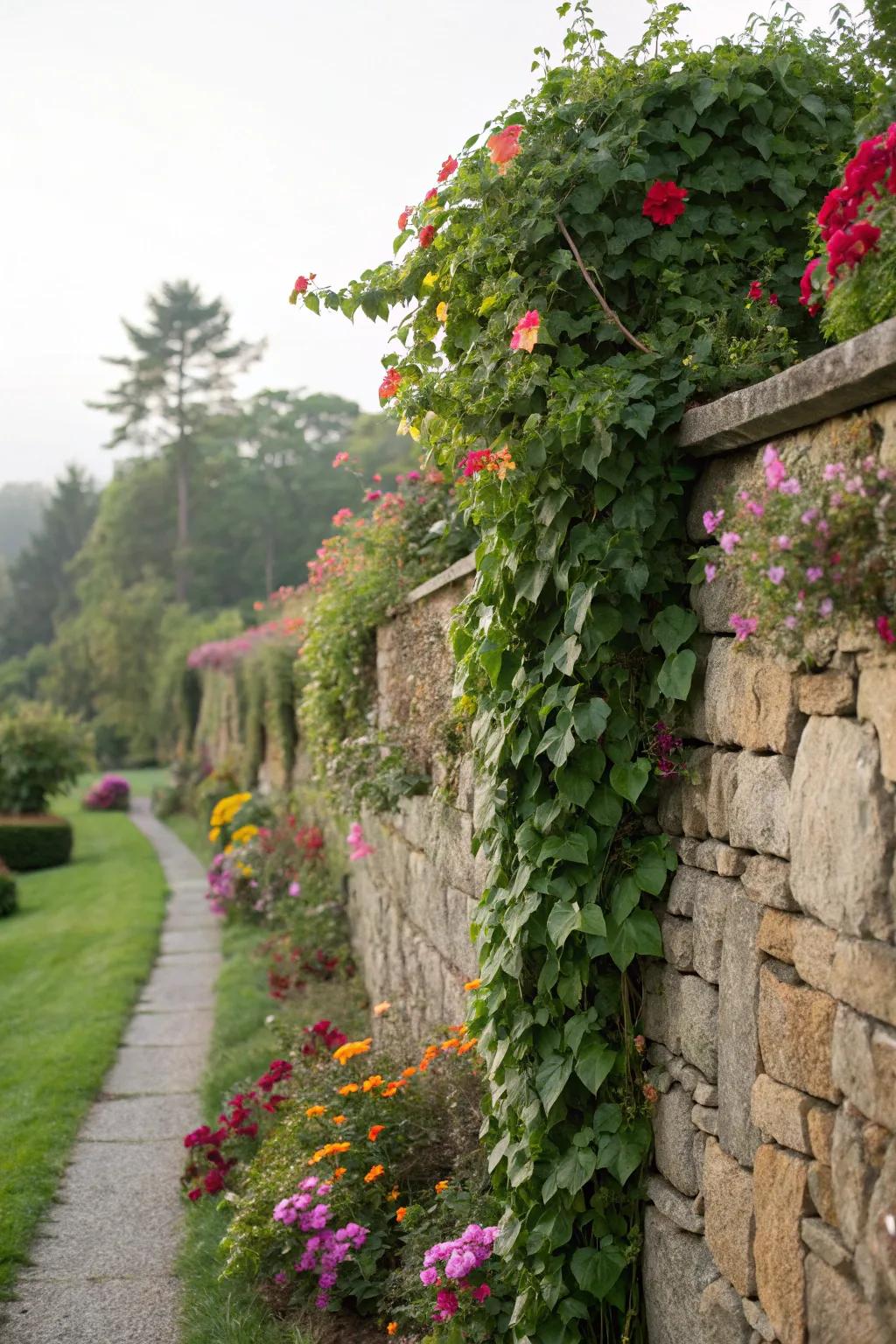 Climbing plants transform stone walls into vibrant, living art.