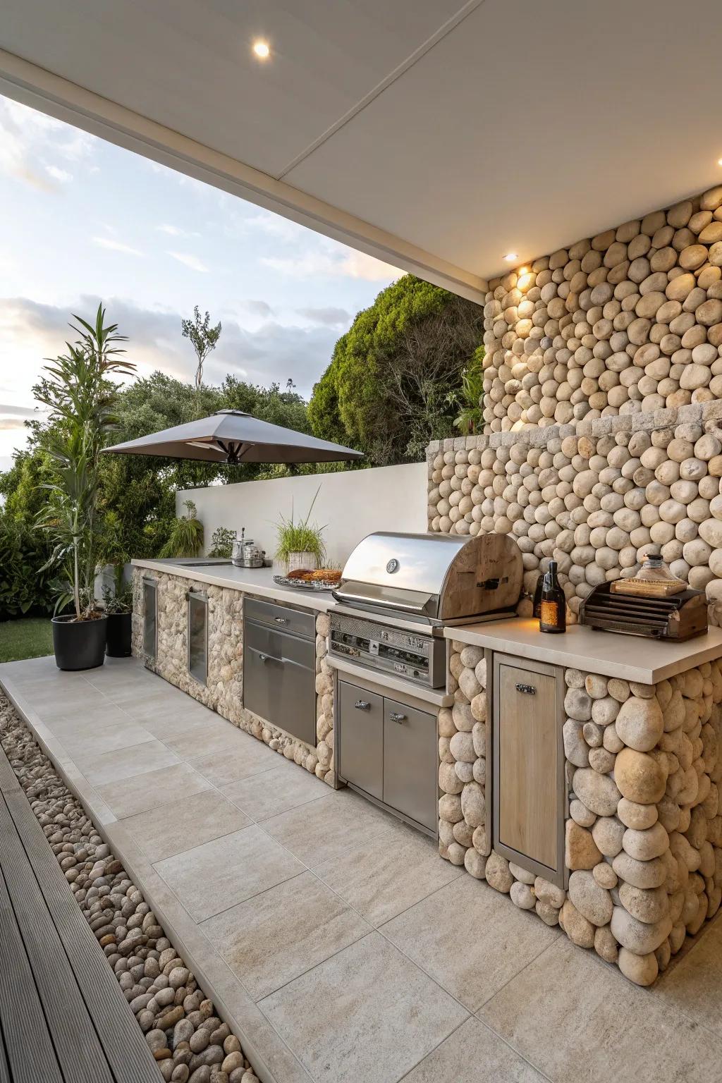 Pebble stone backsplashes present a natural and unique texture to outdoor cooking spaces.