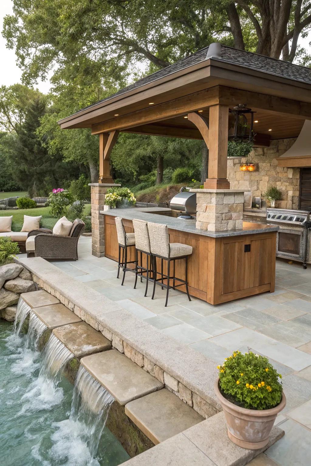 An outdoor kitchen counter complemented by a calming water feature.