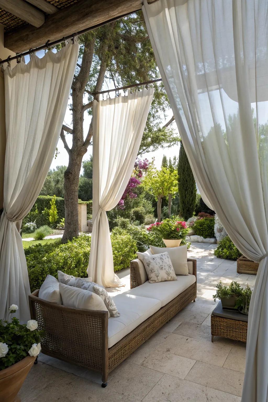 Outdoor drapes offer privacy and beauty.