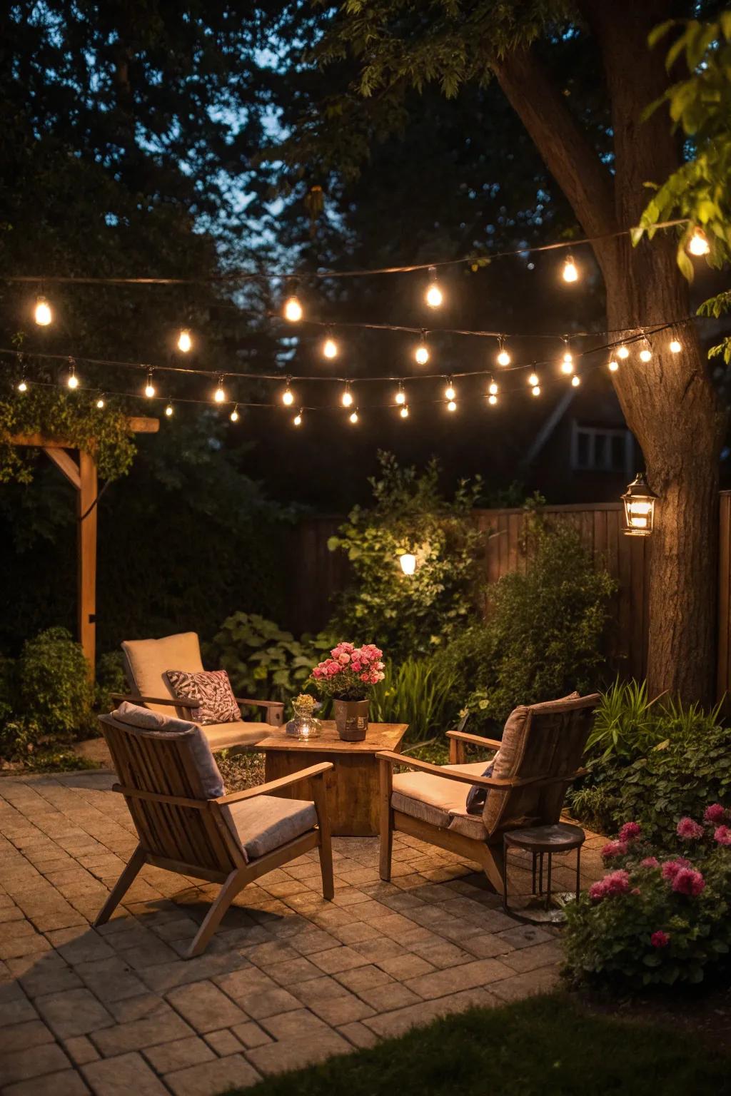 Light garlands add enchanting atmosphere to outdoor get-togethers.