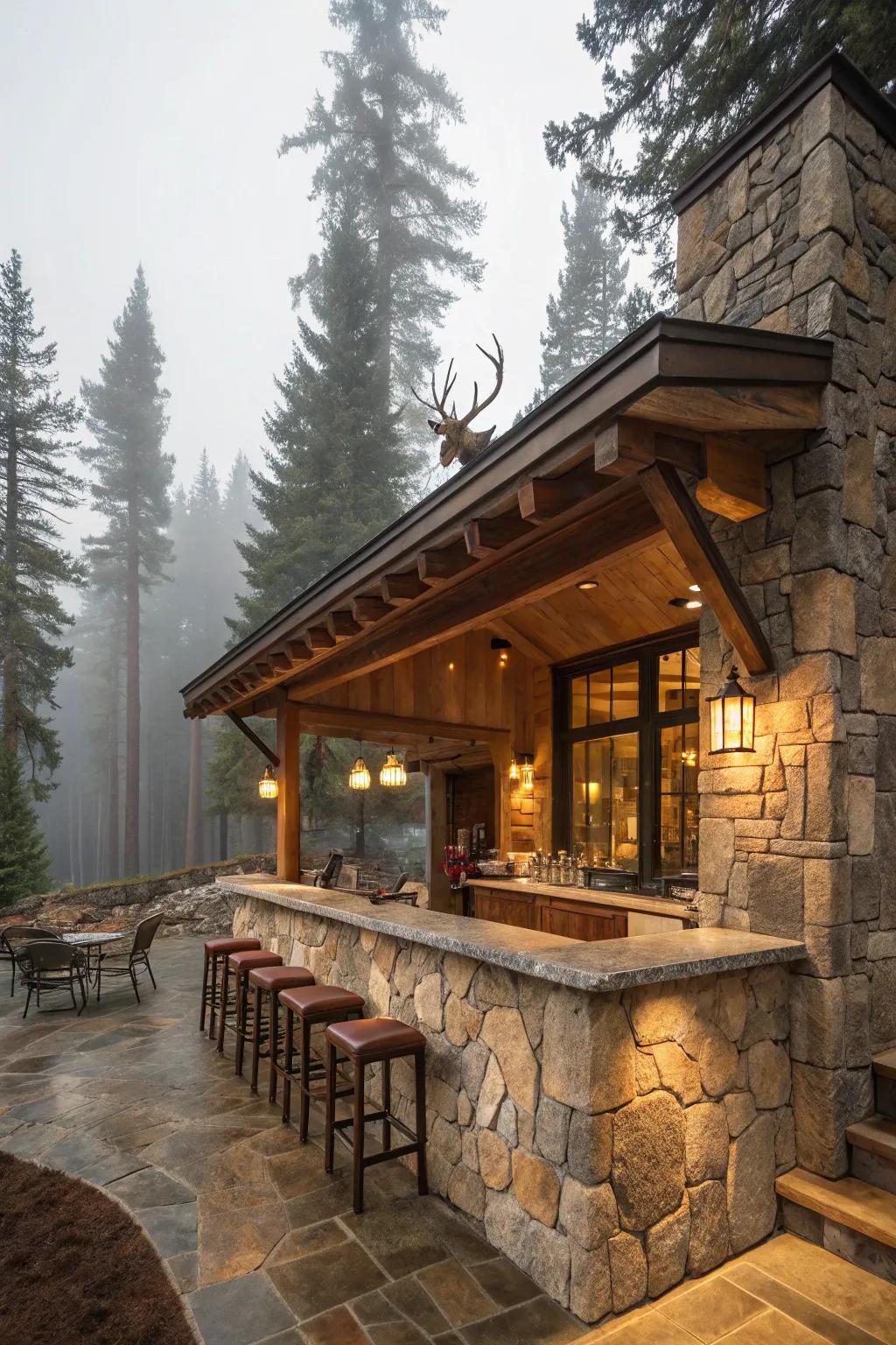 A cozy cabin-style stone bar showcasing rustic charm.