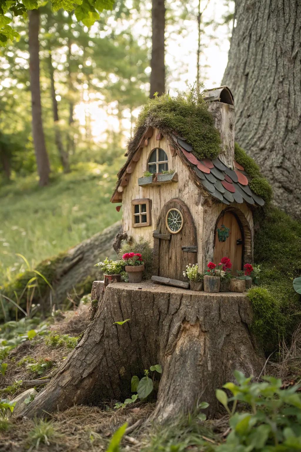 A charming gnome home on a stump adds a touch of whimsy to the garden.