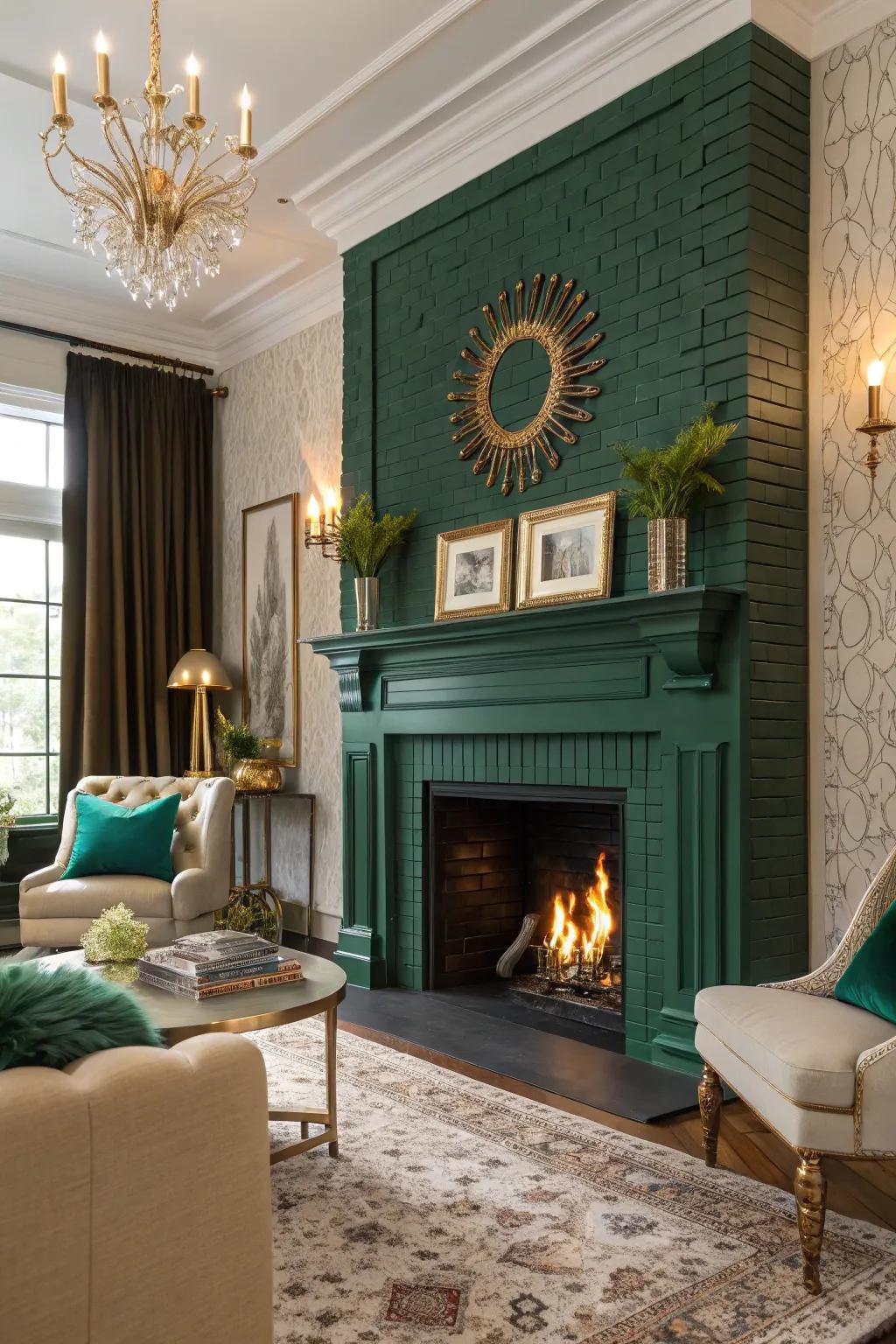 An emerald fireplace adds elegance.