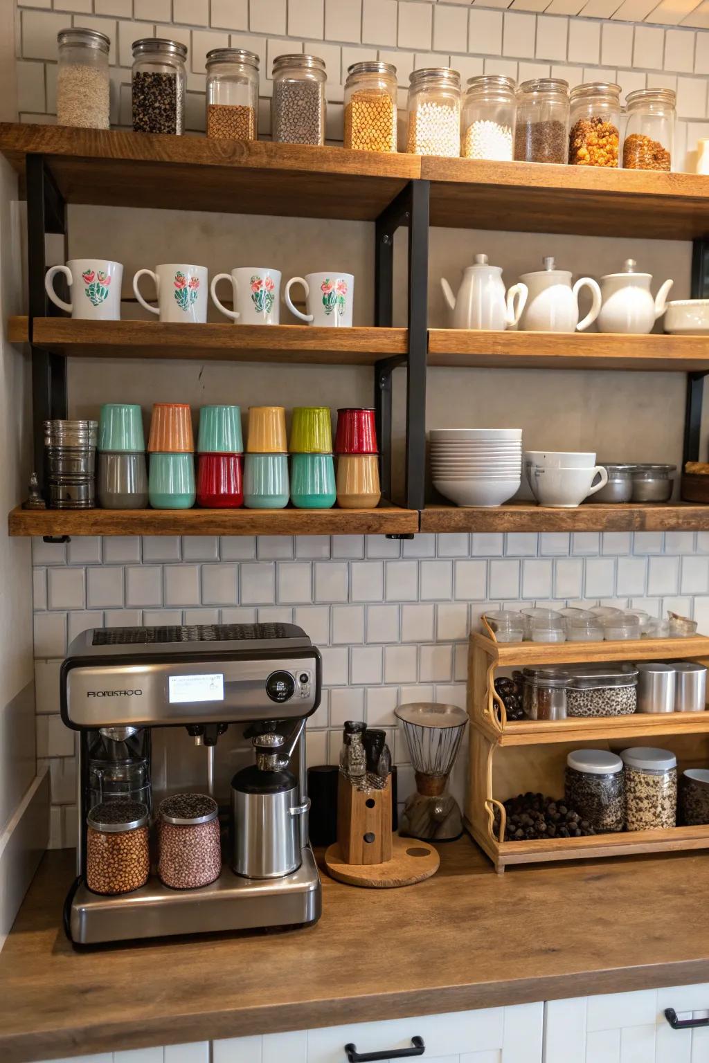 Floating shelves add openness and beautifully showcase your favorite mugs.