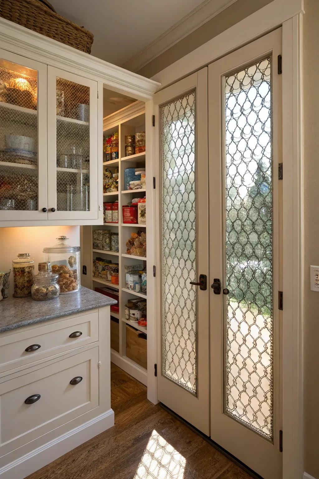 Etched glass doors offer texture and a touch of individual style.