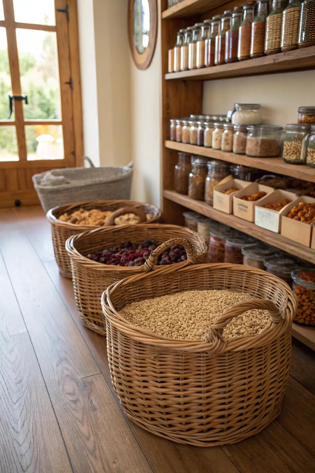 Large floor baskets in a pantry store bulk items and provide easy access.