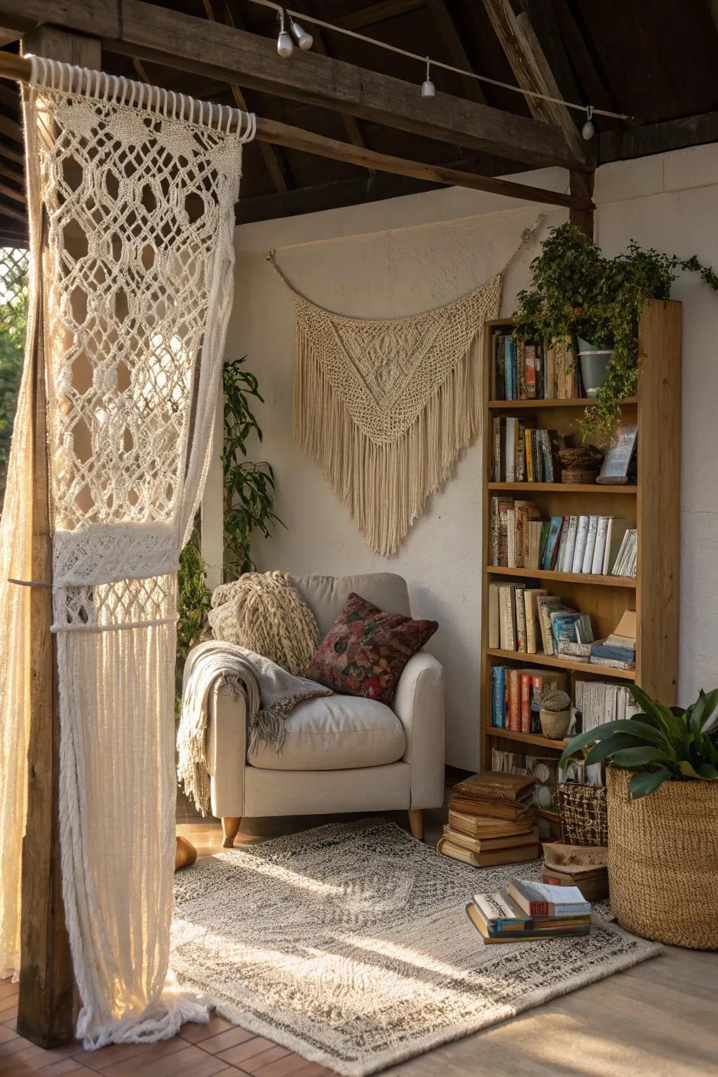 Macramé dividers introduce a bohemian charm.