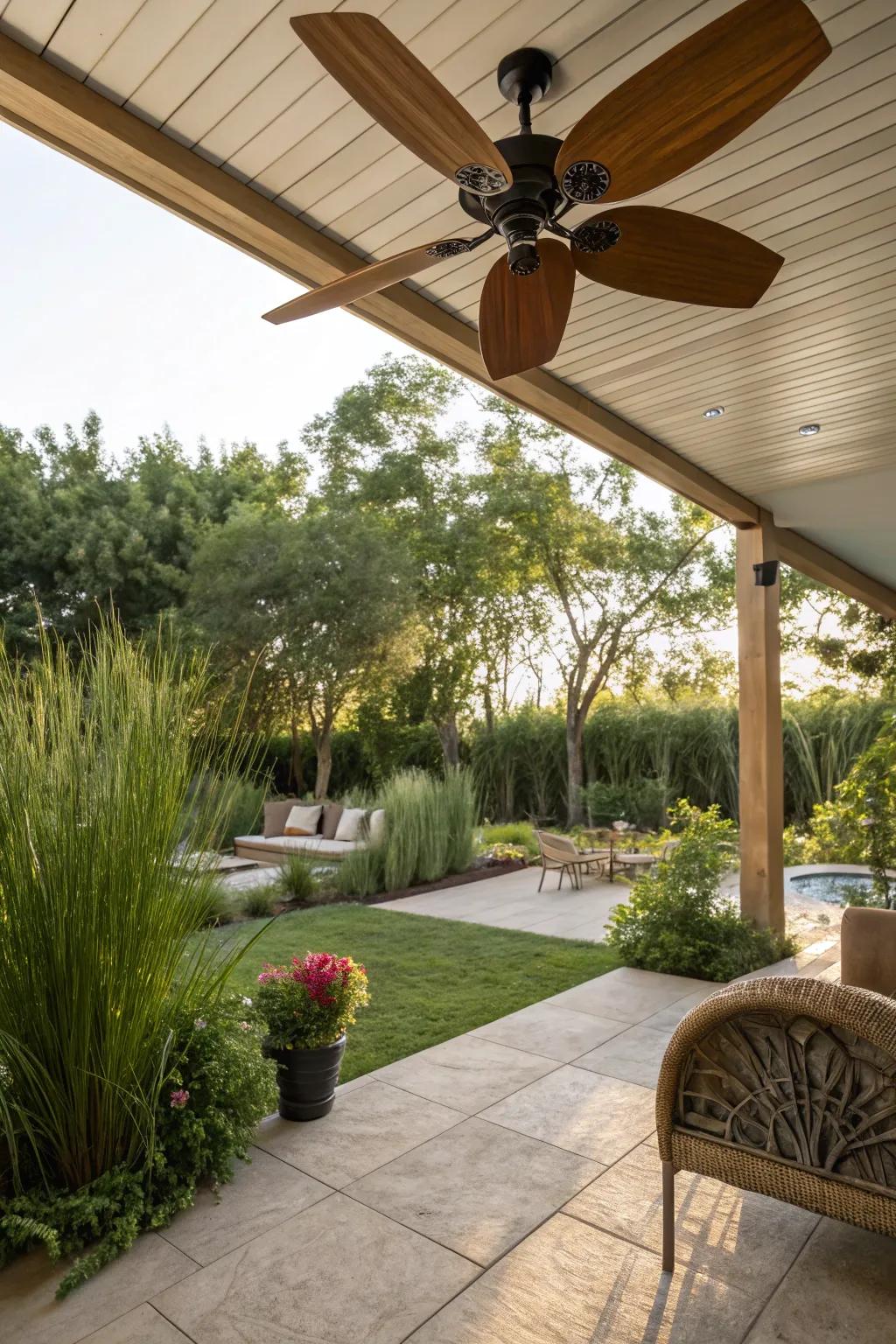 A nature-inspired deck with a ceiling fan featuring wood blades.