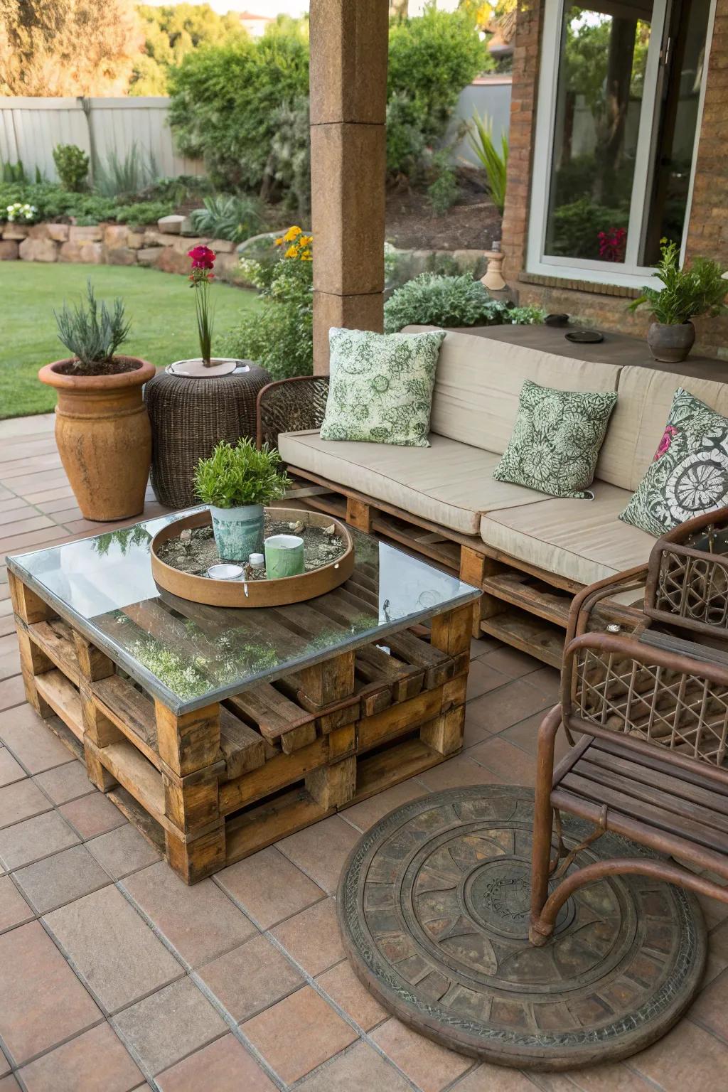 Patio features built from recycled materials adding character.