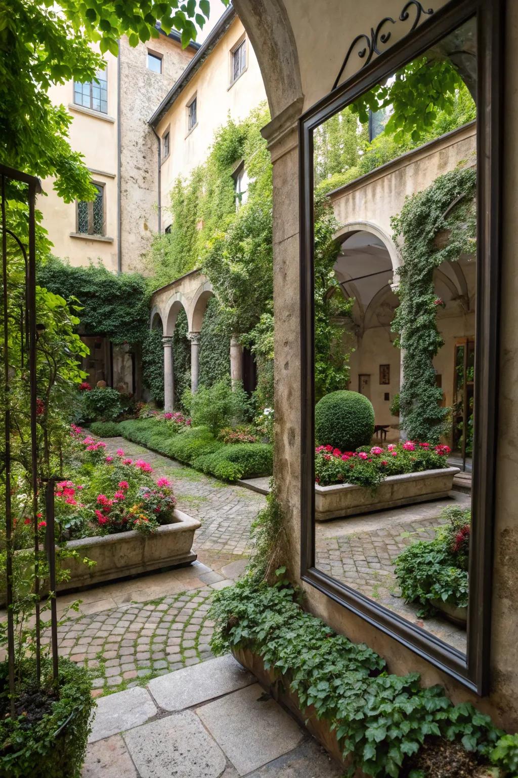 Mirrors create an illusion of depth, amplifying the garden's greenery.