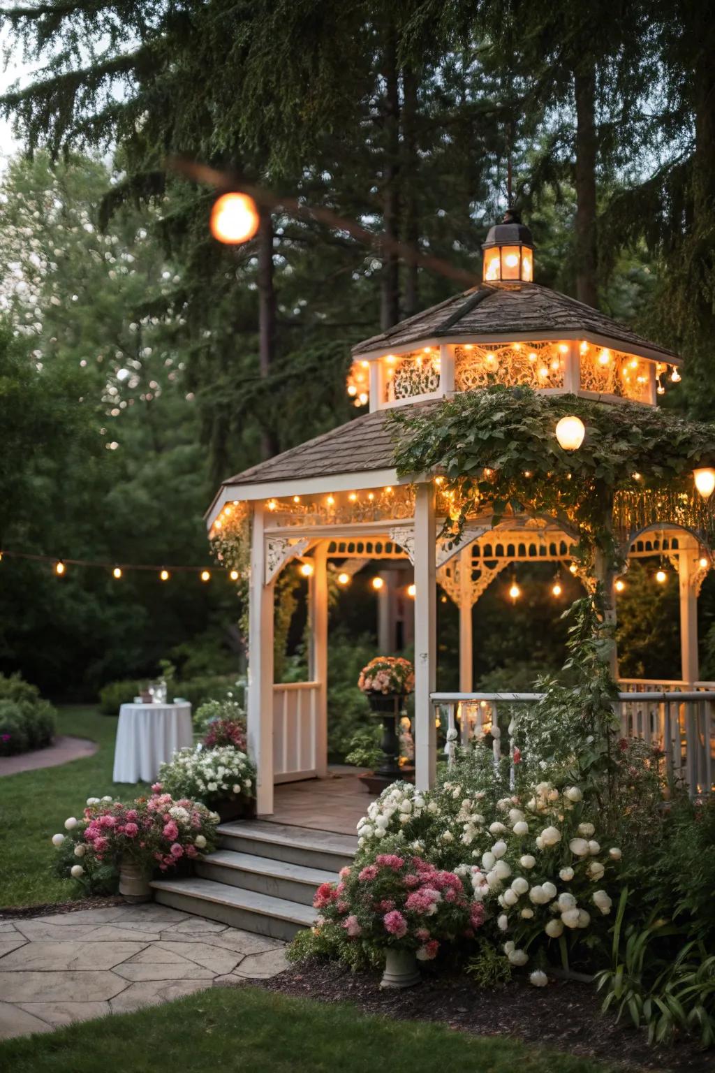 Globe lights make your gazebo a radiant retreat.