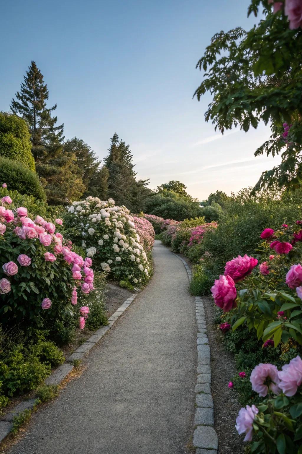 Peonies lining a pathway, creating an enchanting garden journey.