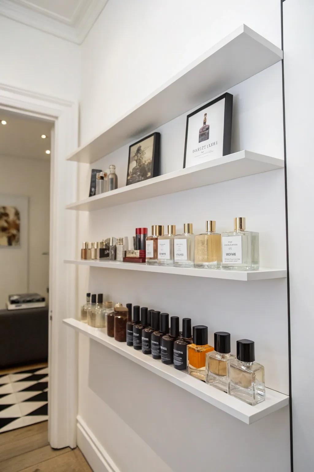 Floating shelves providing a minimalist and airy display for perfumes.