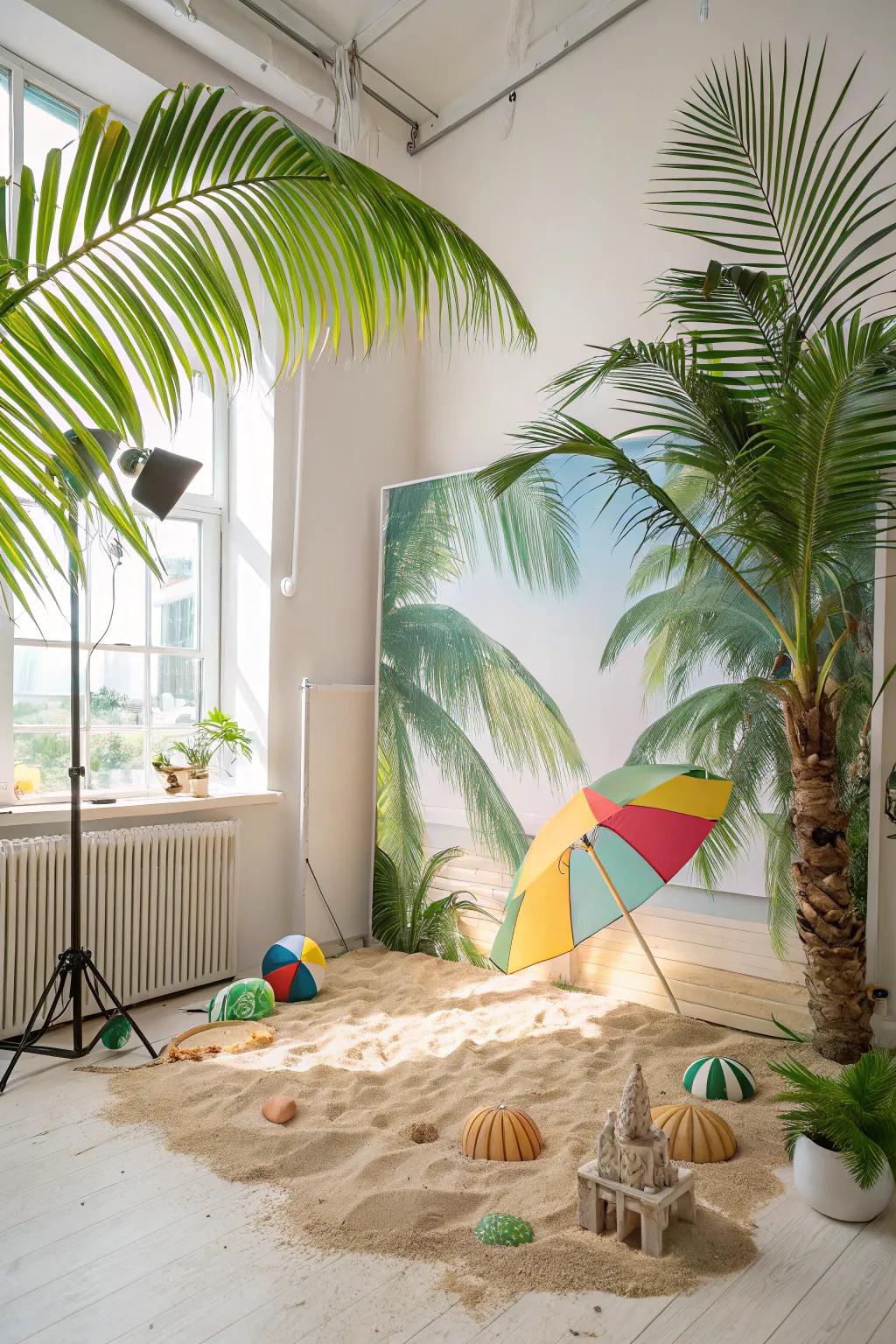 A beach-themed backdrop delivers a sunny, tropical vibe to images.