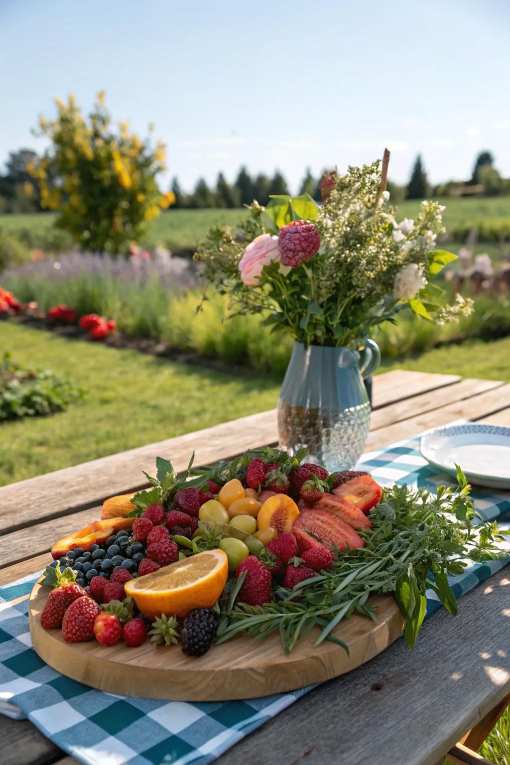 A consumable centerpiece of fruits and herbs adds both beauty and flavor to this table.