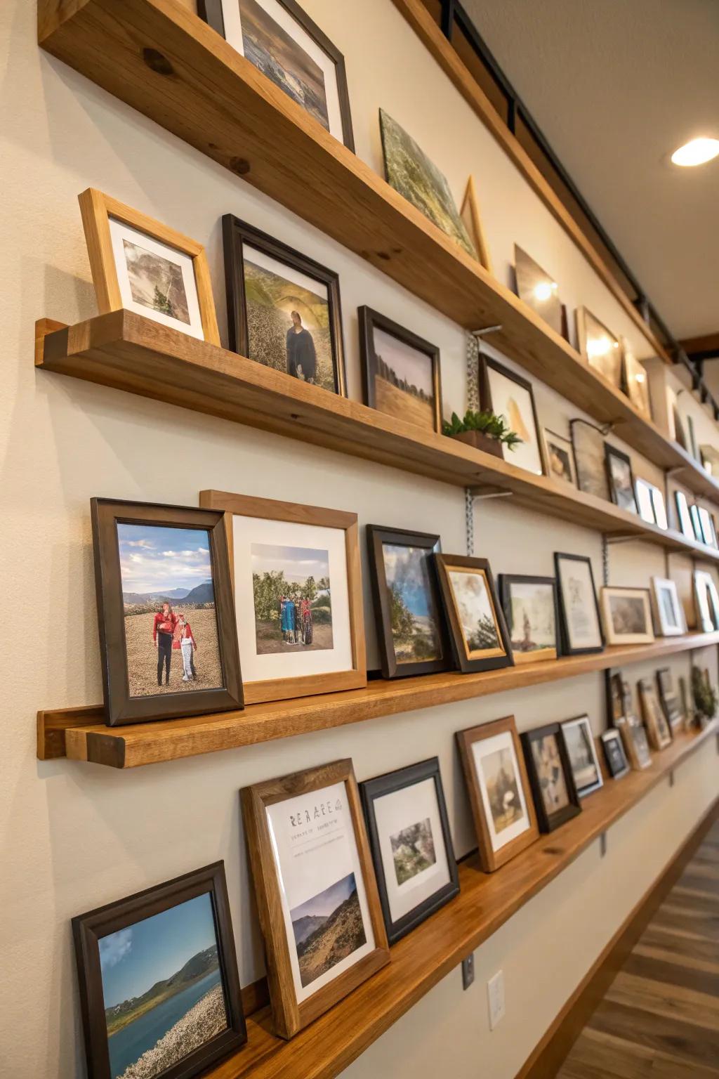 Picture shelves with dynamic height variation for visual interest.