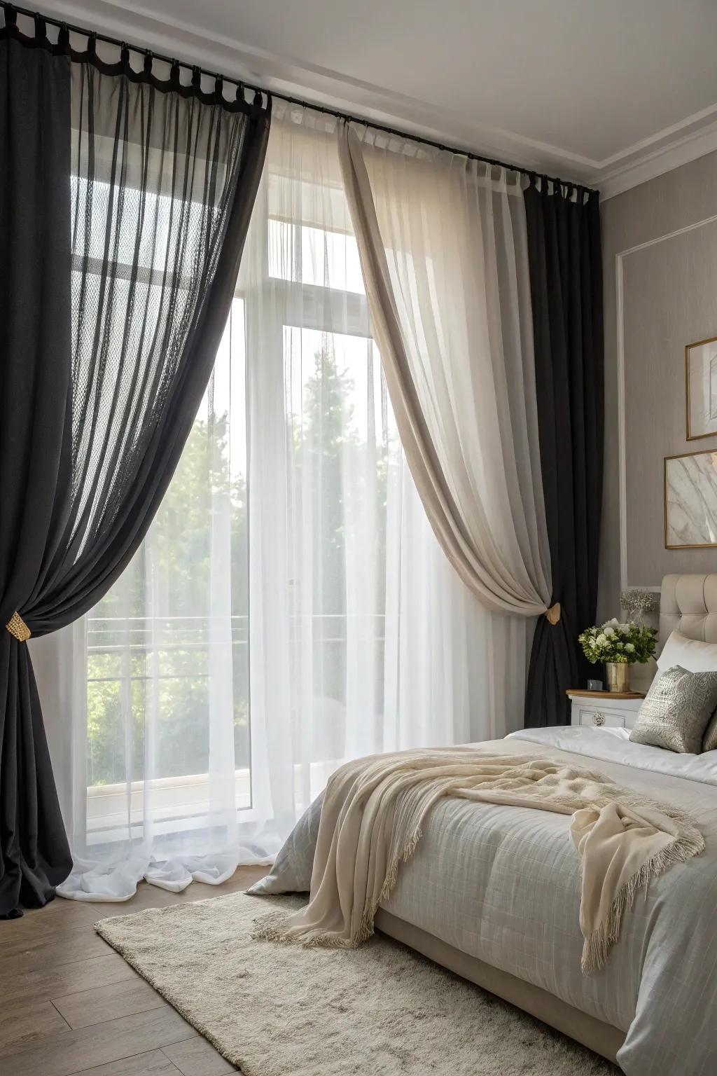 Chic bedroom featuring layered sheer and blackout curtains on a picture window.