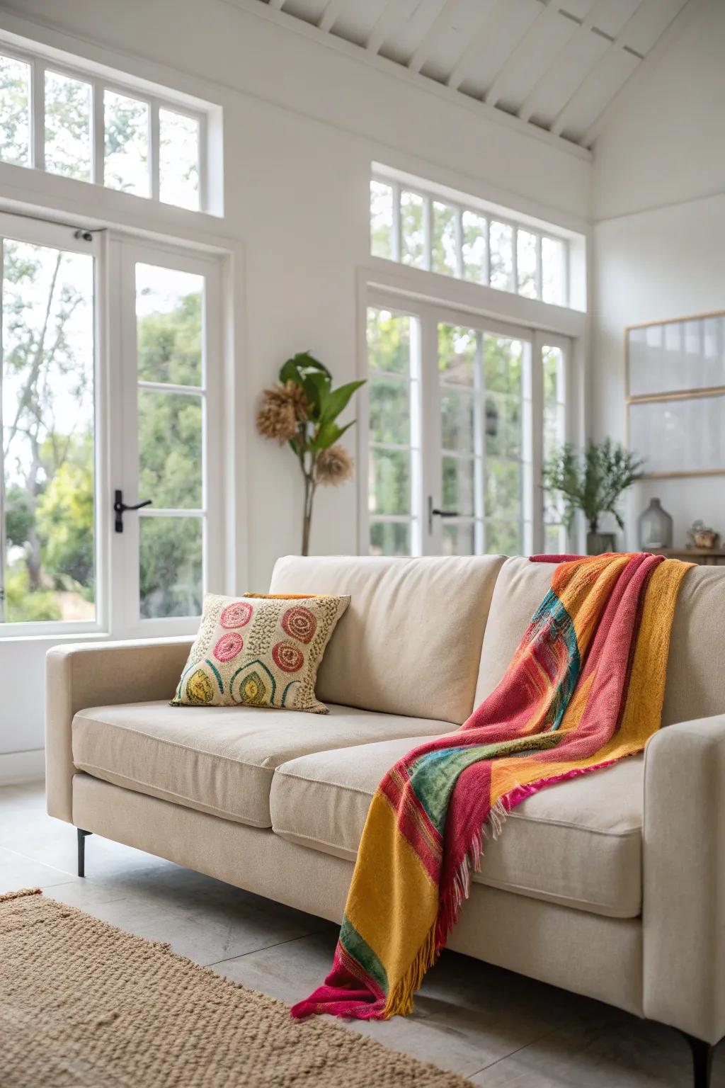 A vivid throw on a neutral sofa, delivering an unanticipated accent of color.