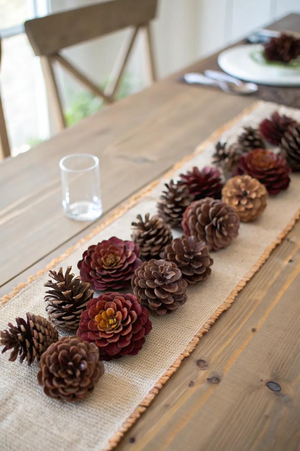 Elevate your table setting with a rustic yet elegant pinecone blossom runner, perfect for a touch of natural beauty.