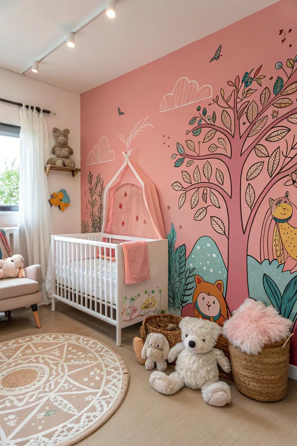 A nursery design featuring a creative wall design that serves as a captivating focal point.