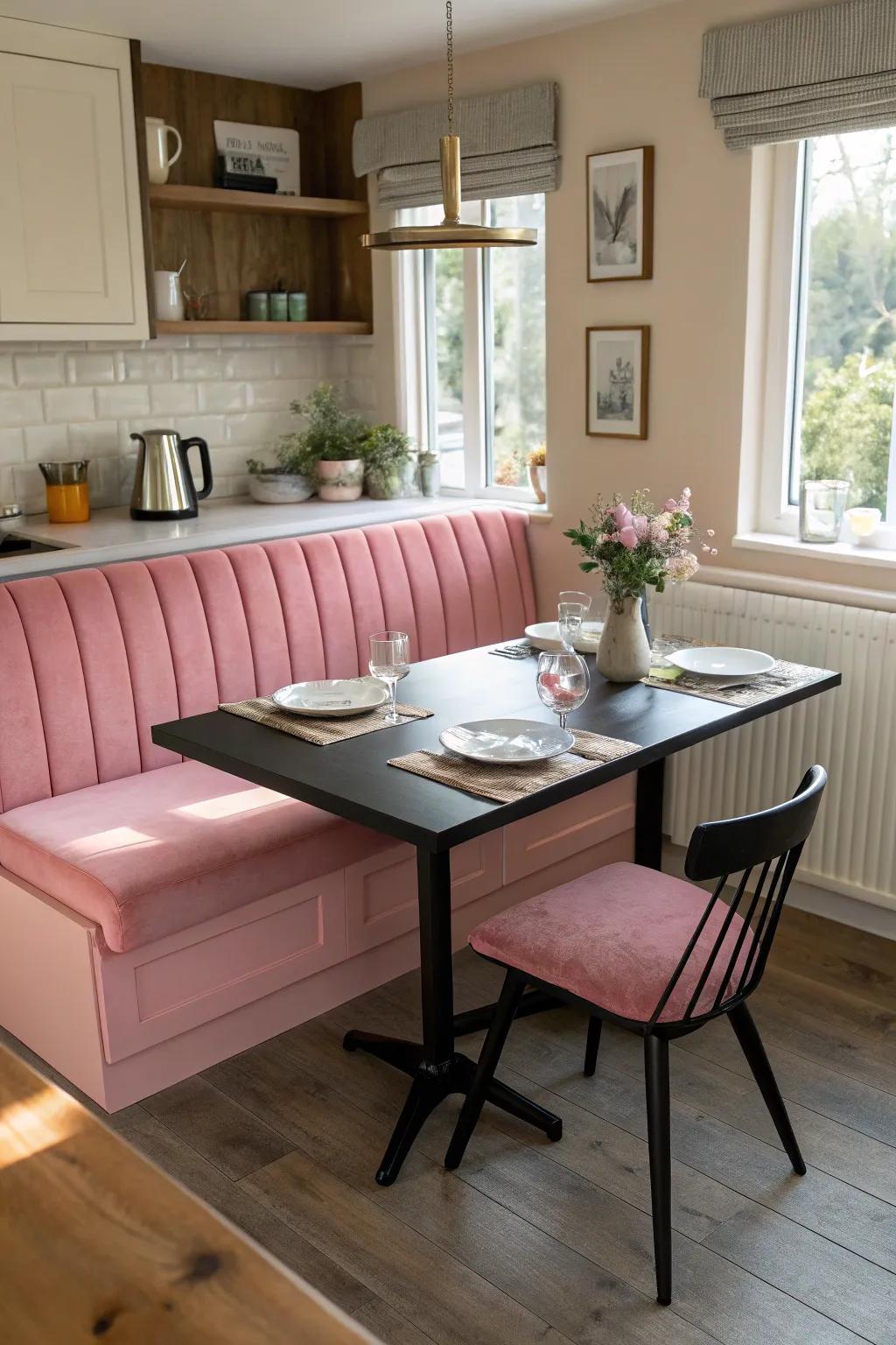 A comfortable area for informal eating is offered by integrated seating.