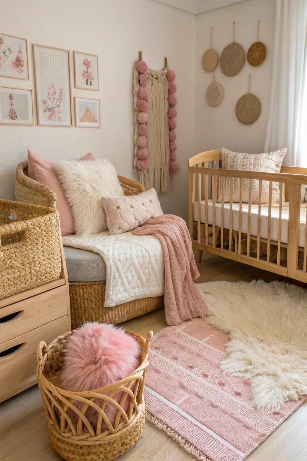 Coordinated textures craft a rich and welcoming nursery environment.