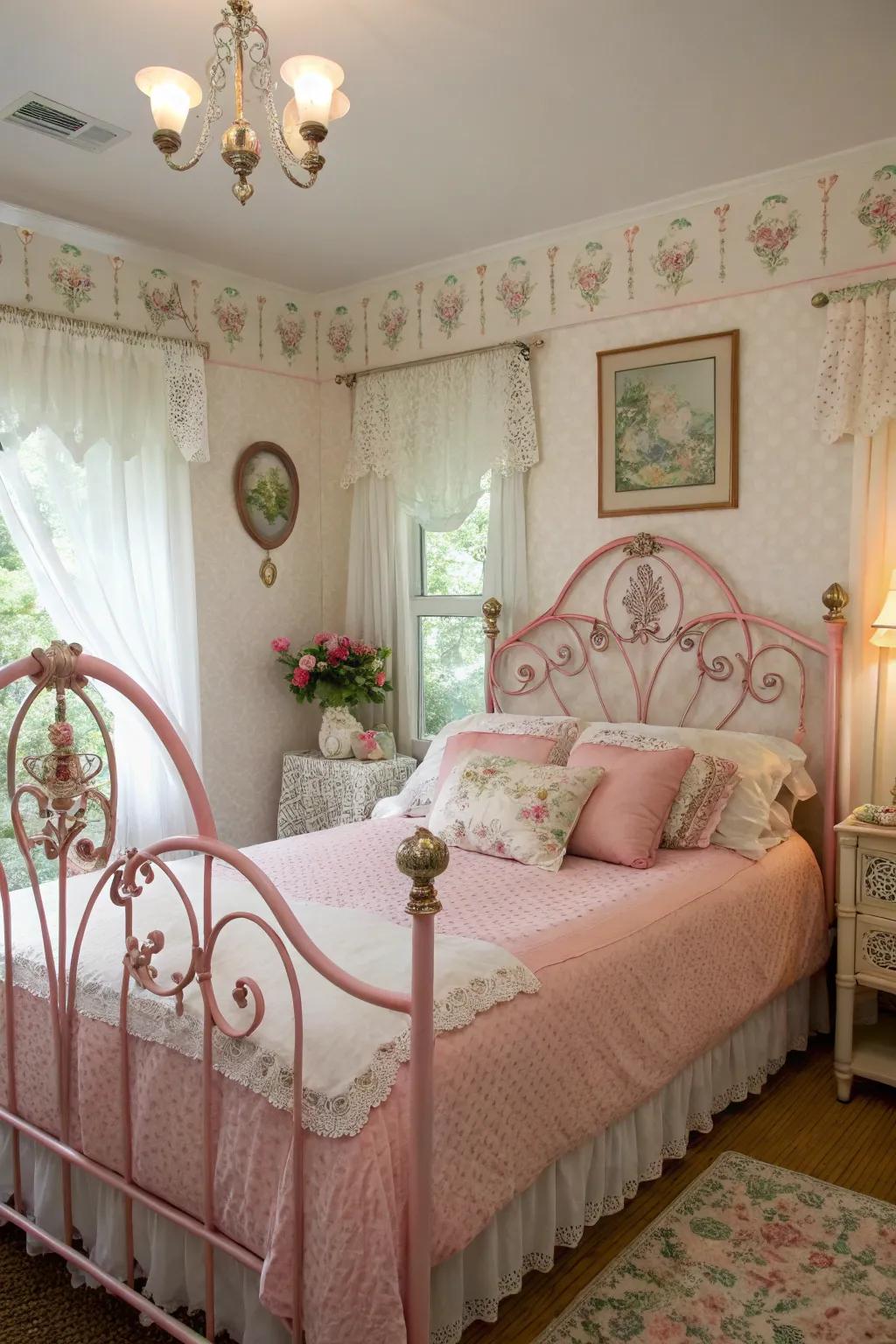 A vintage and romantic bedroom with a pink wrought iron headboard.