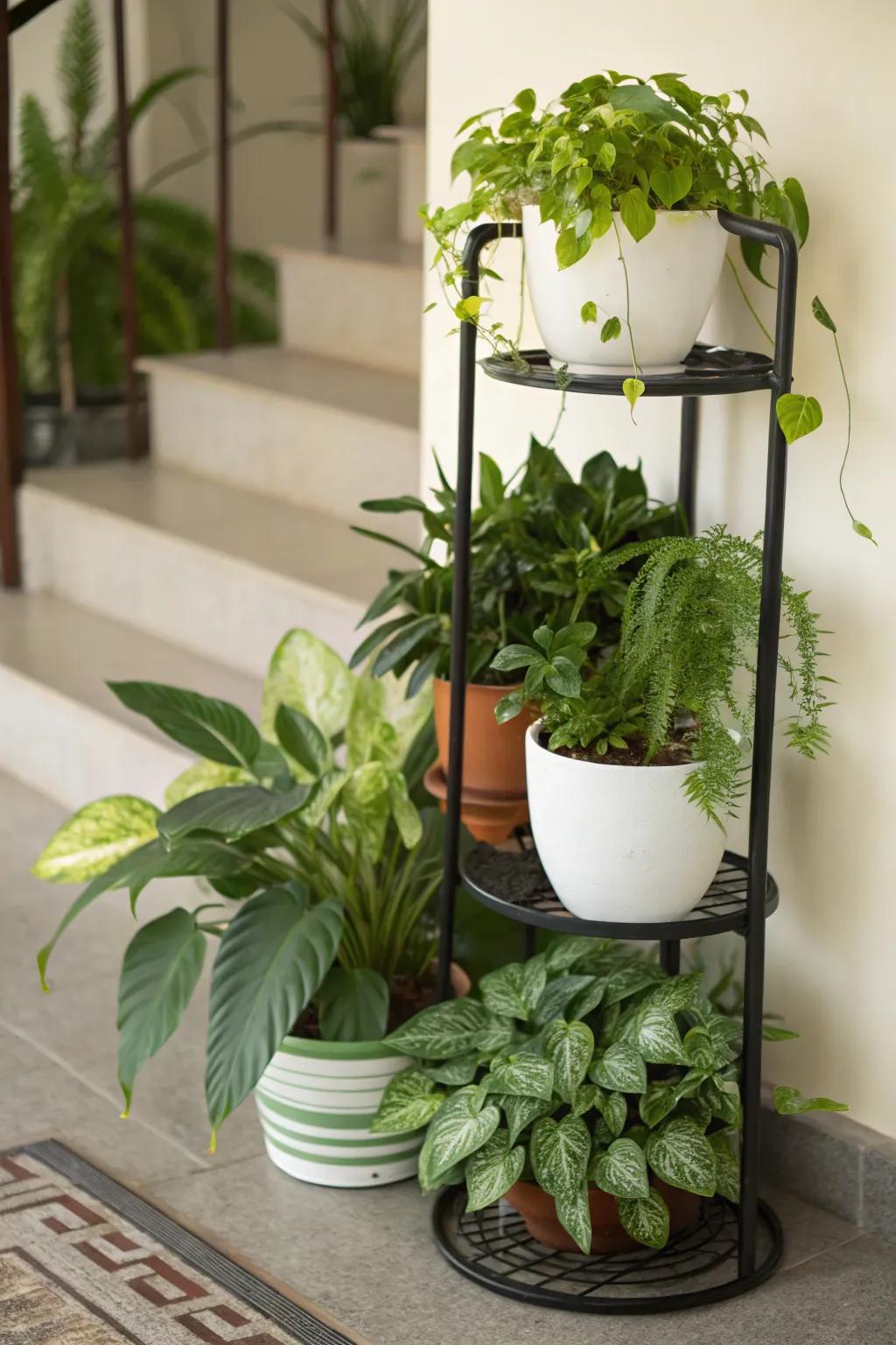 A tiered stand organizes plants beautifully.