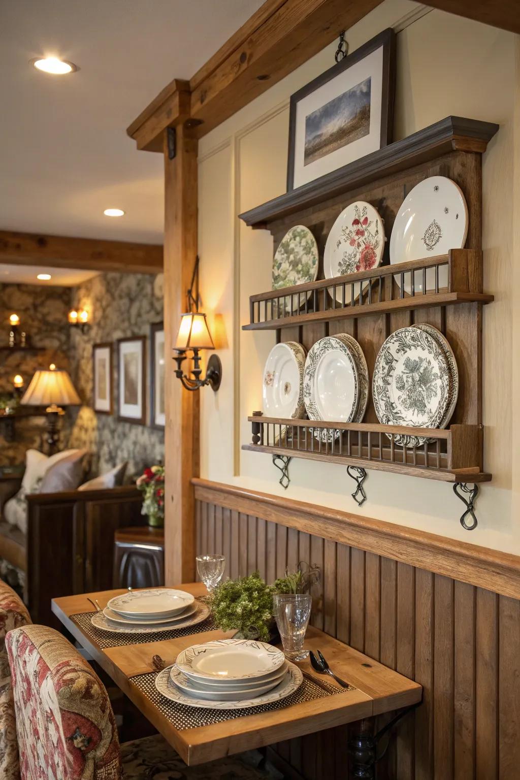 A dining area with a textured plate rail display