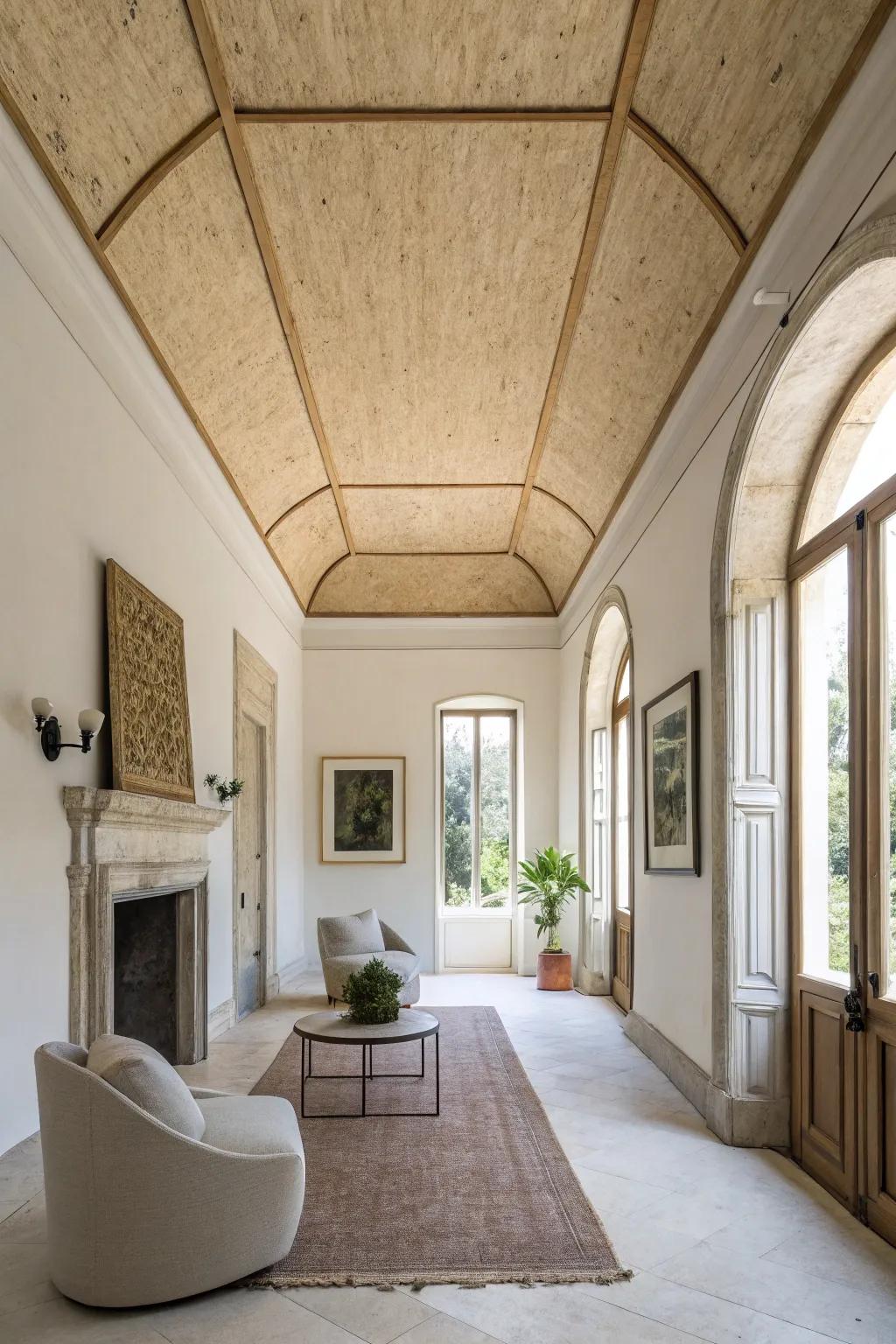 A minimalist plywood ceiling that subtly enhances the room's elegance.