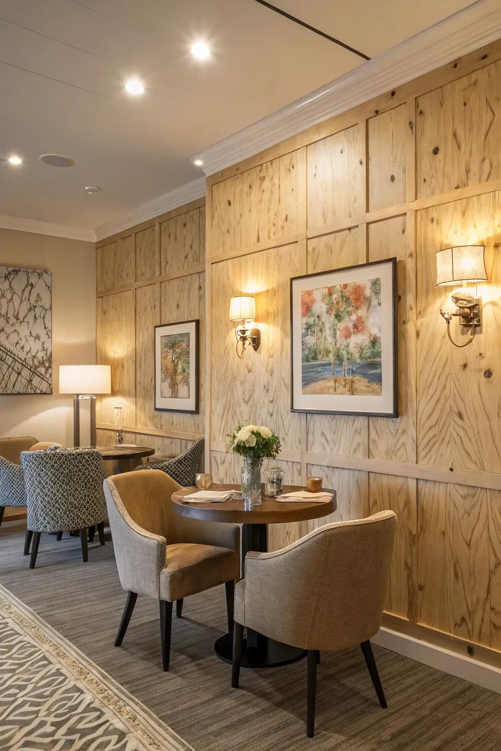 A laminated wood accent wall adds character and style to any room.