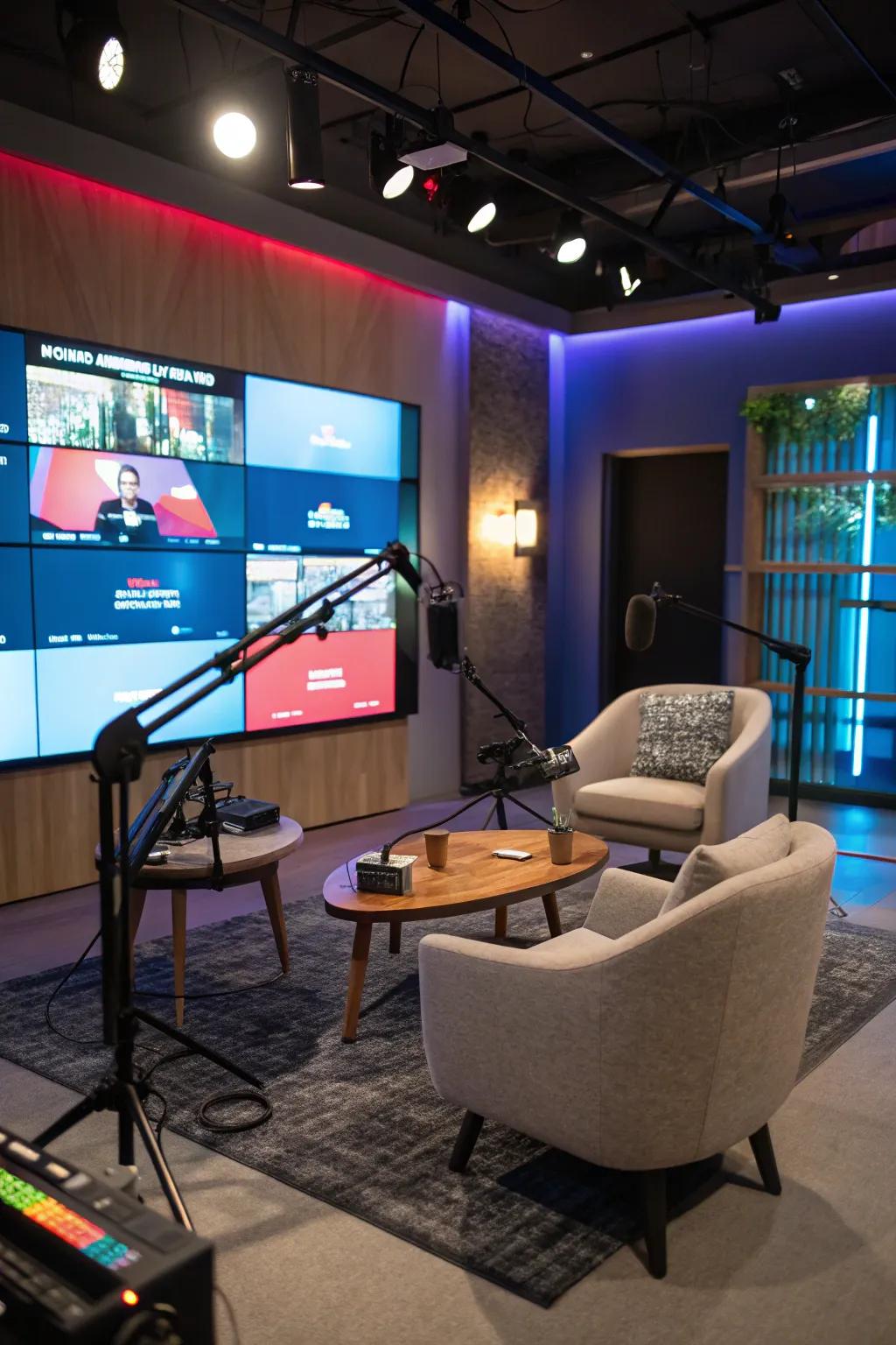 A podcast studio featuring dynamic digital scenery.