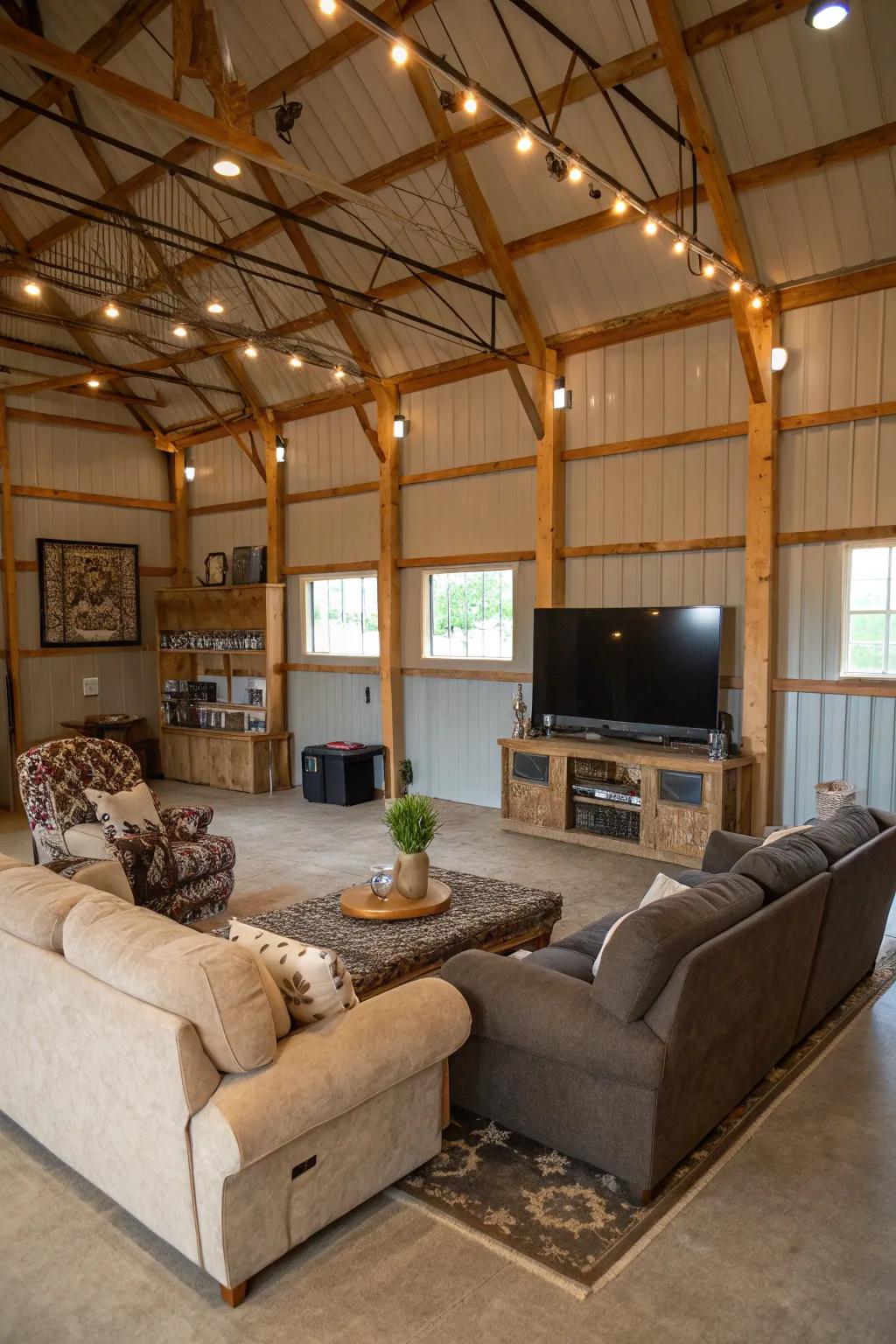 A family fun zone inside a pole barn presenting a TV area and plush seating.